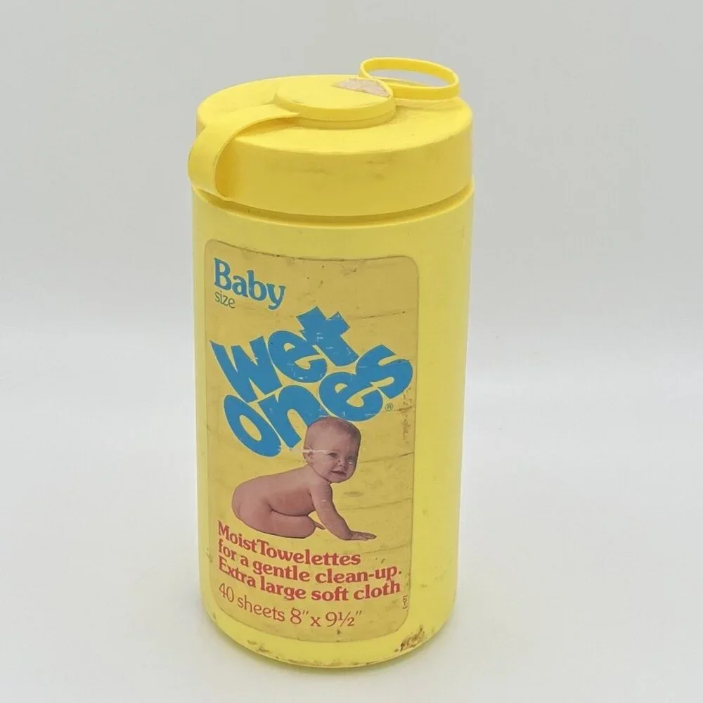 Vintage 80s Wet Ones Baby Size Towelettes Canister Retro Yellow Advertising